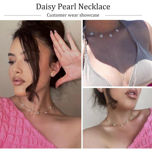 Pearl Necklaces for Women, Daisy Pearl Choker as Y Shaped Pearls Jewelry Gold He - Picture 4 of 7